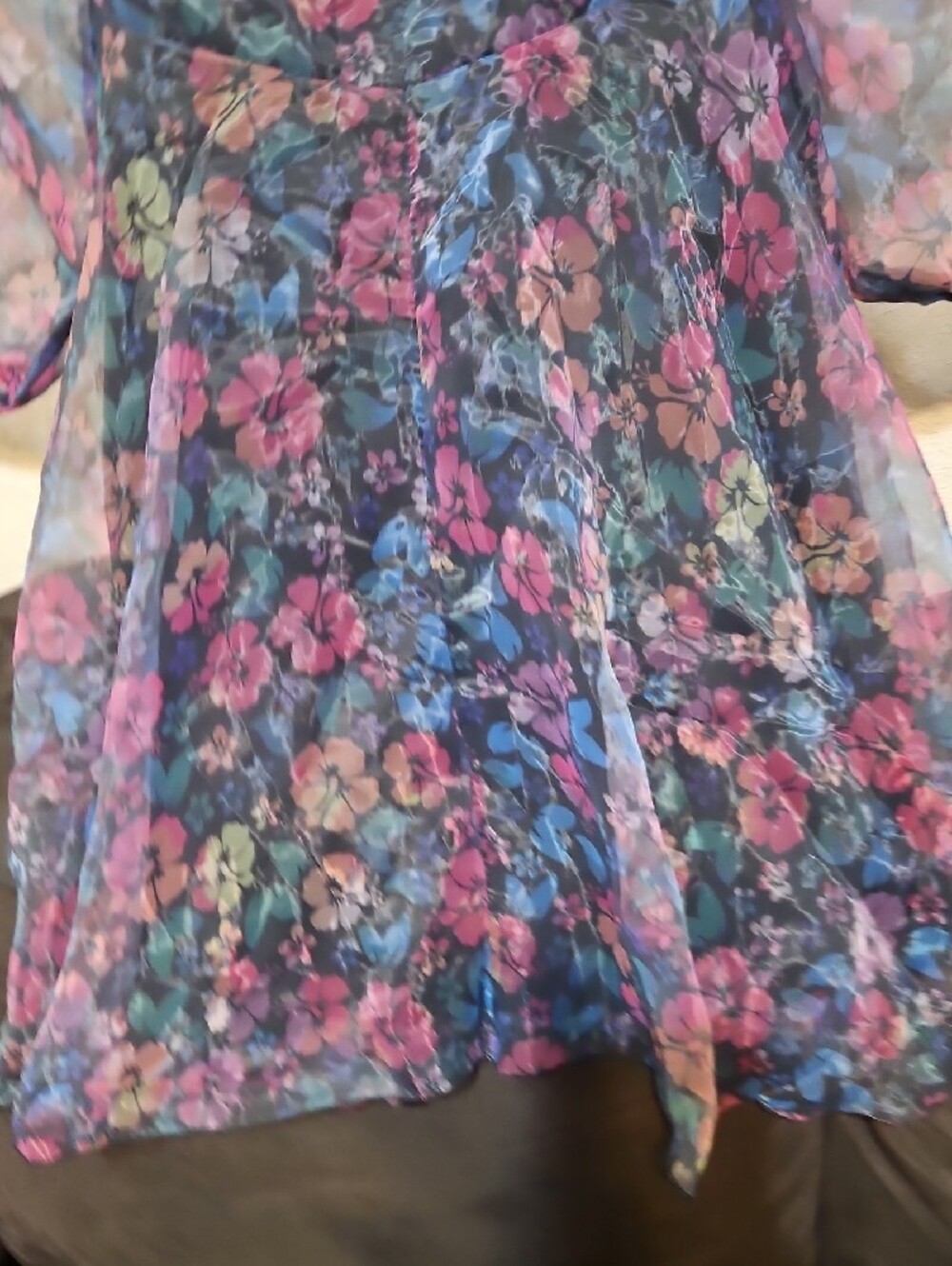 Sheer Floral Puff-Sleeve Mini Dress in Blue & Pink - Picture 6 of 9